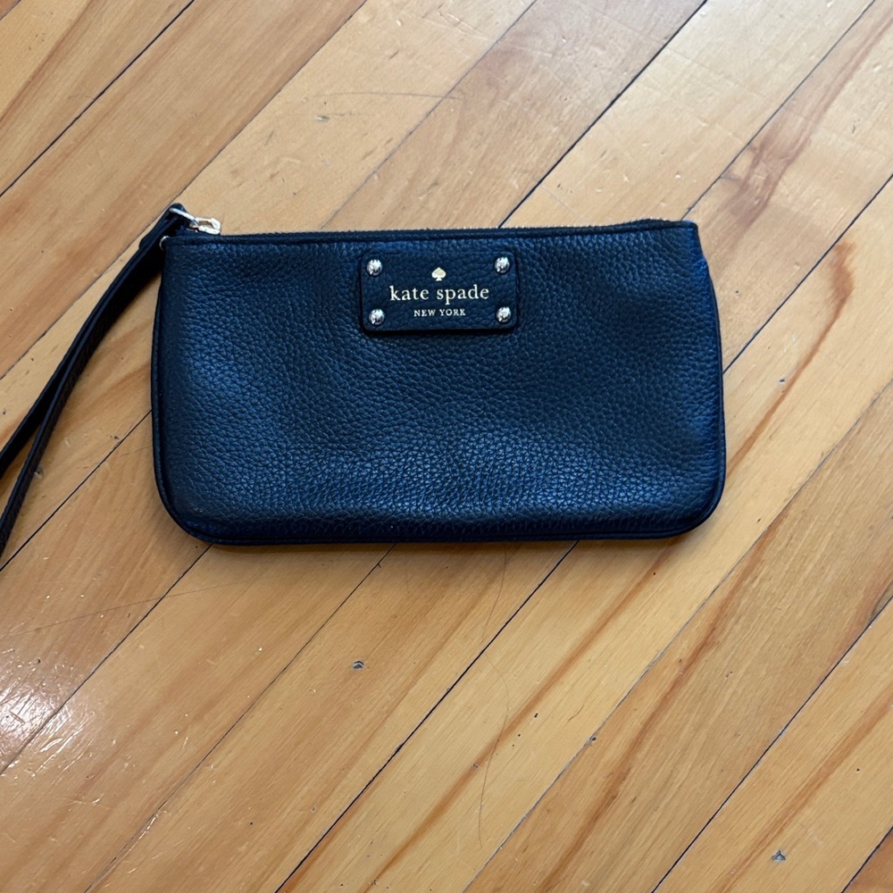 kate spade Black Pebbled Leather Wristlet with Gold Plaque